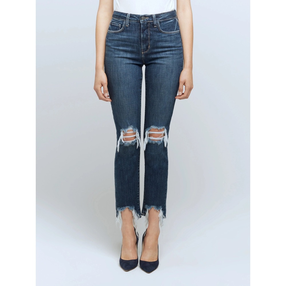 L'AGENCE High Line Skinny High Rise Distressed Fray Hem Jeans Dark Wash Size 26
